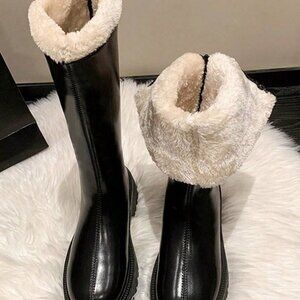 Black Casual Women's Elegant Faux Leather Knee High Snow Boots